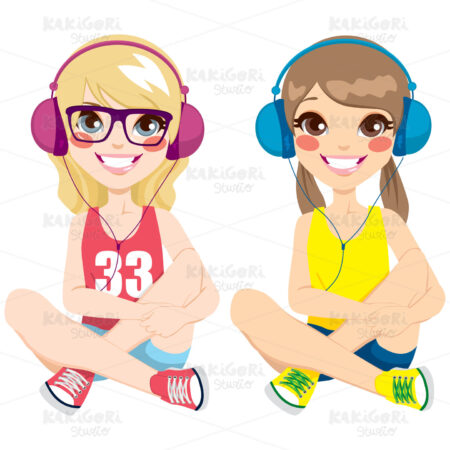 Teenager Girls Listening Music Clipart Vector Illustration 01661