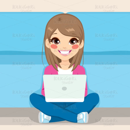 Teenager Sitting Floor With Laptop Clipart Vector Illustration 02653