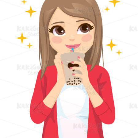 Teenager Woman Enjoying Tapioca drink Clipart Vector Illustration 05103
