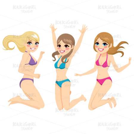Teenagers Girls Jumping Bikini Clipart Vector Illustration 02590