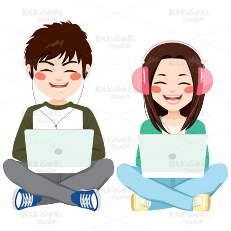 Teenagers With Headphones Laptop Sitting Clipart Vector Illustration 02946
