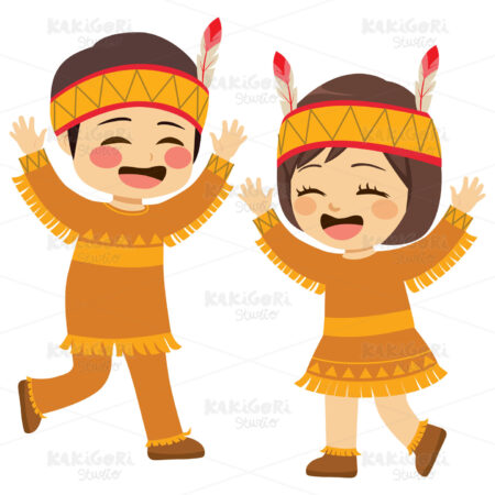 Thanksgiving Native American Kids Clipart Vector Illustration 04324