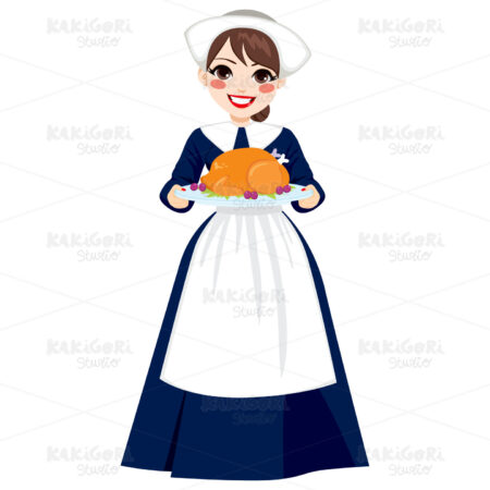 Thanksgiving Pilgrim Woman With Turkey Clipart Vector Illustration 01854