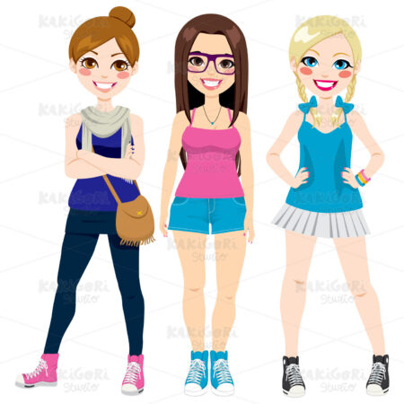 Three Casual Girls Clipart Vector Illustration 01384