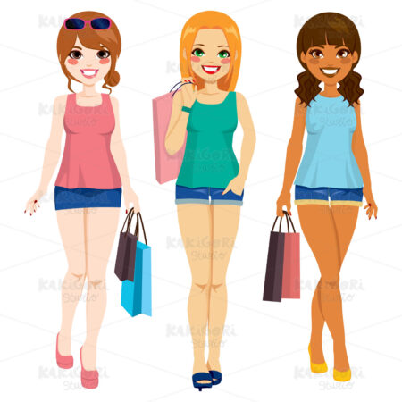 Three Fashion Girls Shopping Clipart Vector Illustration 01731
