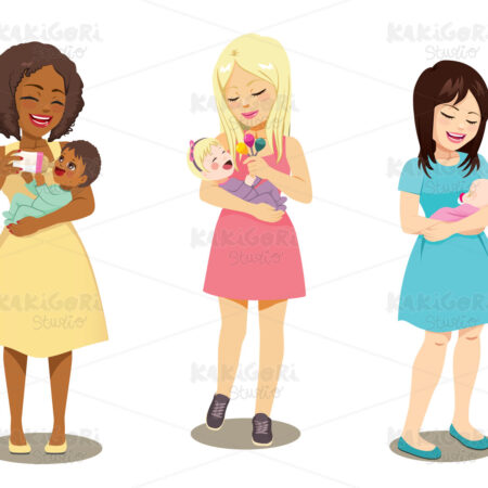 Three Mothers Holding Babies Clipart Vector Illustration 04898