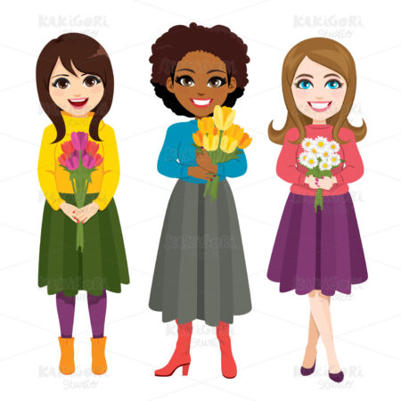 Three Women Holding Flower Bouquet Clipart Vector Illustration 04934