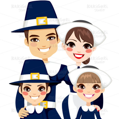 Traditional Thanksgiving Pilgrim Family Clipart Vector Illustration 01851