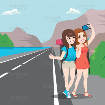 Travel Girl Friends Hitchhiking Clipart Vector Illustration 03478