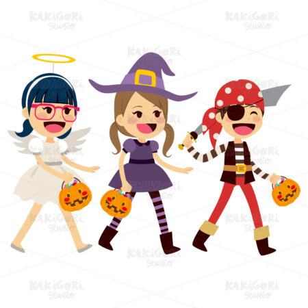 Trick Or Treat Children Walking Clipart Vector Illustration 02391