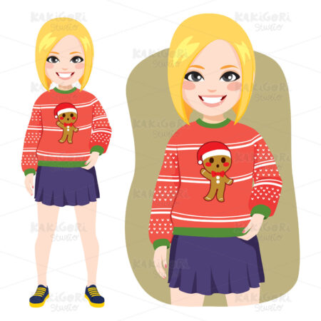 Ugly Christmas Sweater Blonde Woman Clipart Vector Illustration 04323