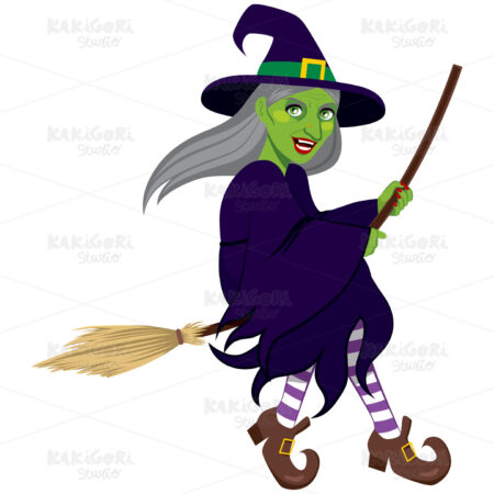 Ugly Green Witch Flying Clipart Vector Illustration 02318