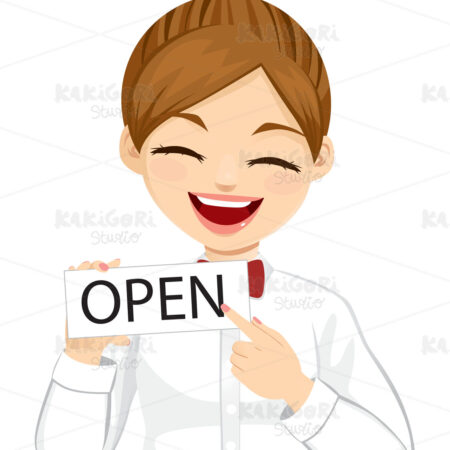 Waitress Holding Open Sign Clipart Vector Illustration 04846