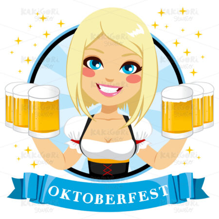 Waitress Holding Six Beer Mugs Clipart Vector Illustration 03045