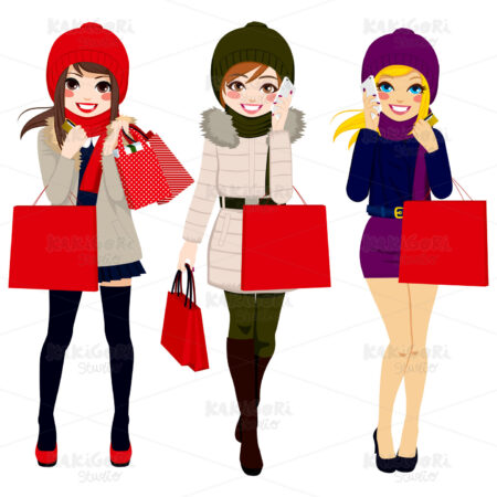 Winter Women Shopping Clipart Vector Illustration 01920
