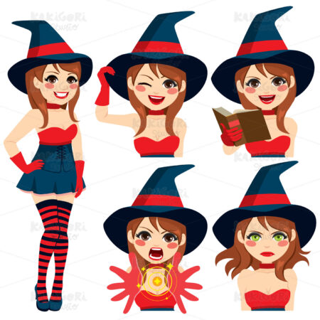 Witch Girl Expressions Clipart Vector Illustration 04351
