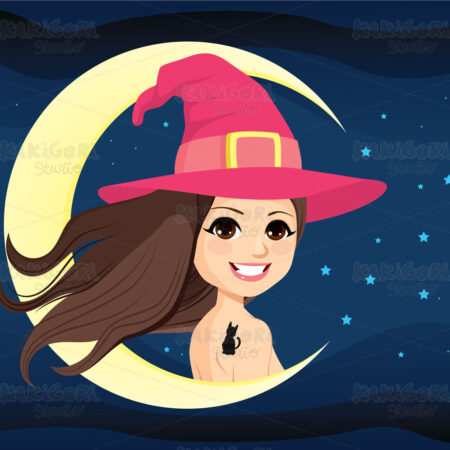Witch With Black Cat Tattoo Clipart Vector Illustration 04915