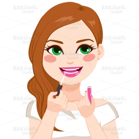 Woman Applying Lips Gloss Clipart Vector Illustration 02208