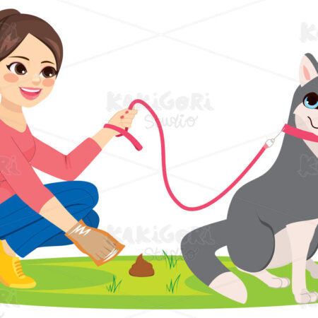 Woman Cleaning Poo Pet Dog Clipart Vector Illustration 05147