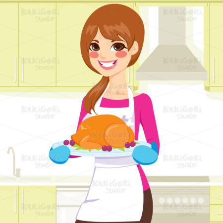 Woman Cooking Thanksgiving Turkey Clipart Vector Illustration 01843