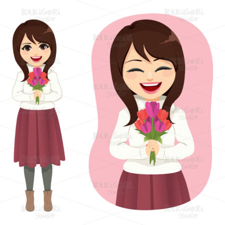 Woman Holding Spring Flowers Bouquet Clipart Vector Illustration 04744