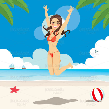 Woman Jumping Happy On Beach Clipart Vector Illustration 02099