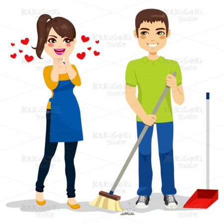 Woman Loves Boyfriend Cleaning Clipart Vector Illustration 02289