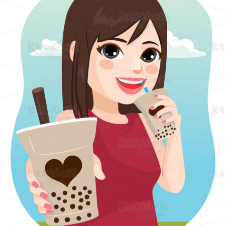 Woman Offering Tapioca Drink Clipart Vector Illustration 05104