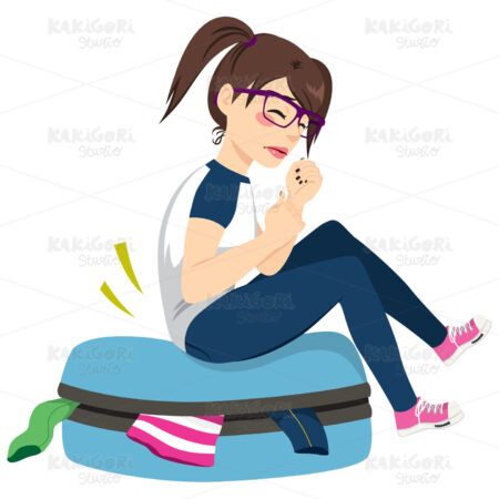 Woman Overfilled Suitcase Clipart Vector Illustration 03496
