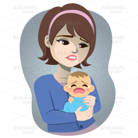 Woman Postpartum Depression Baby Crying Clipart Vector Illustration 04980