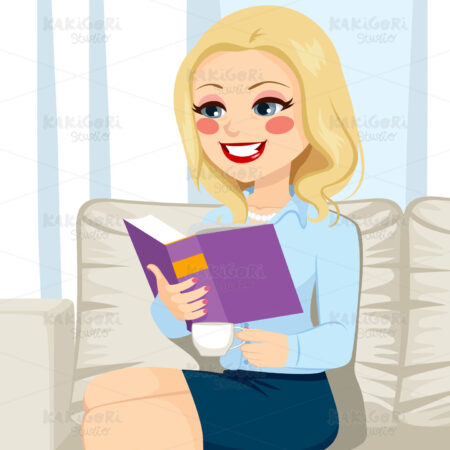 Woman Reading Book Sofa Coffee Clipart Vector Illustration 02636