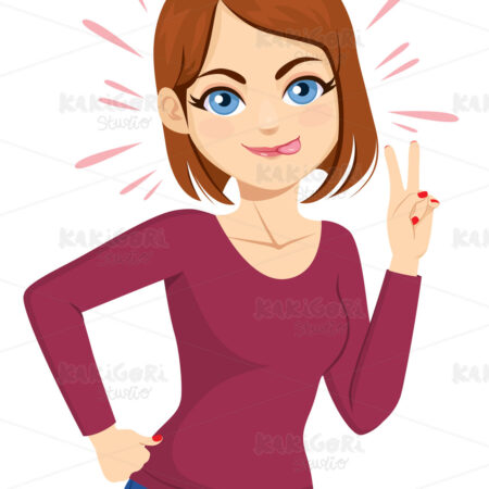 Woman Victory Sign Funny Tongue Clipart Vector Illustration 04953