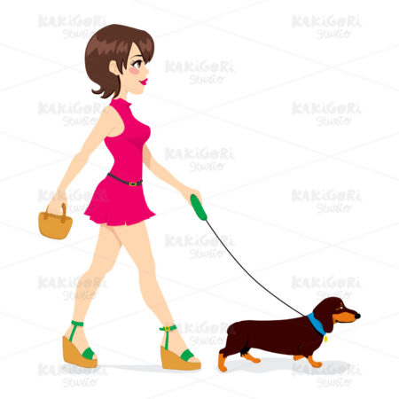 Woman Walking Dachshund Clipart Vector Illustration 00942