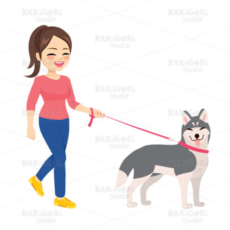 Woman Walking Husky Dog Pet Clipart Vector Illustration 05145