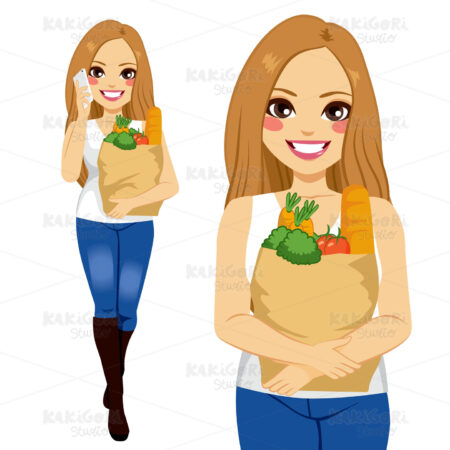 Woman With Smartphone Shopping Groceries Clipart Vector Illustration 02301