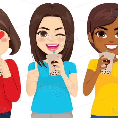 Women Group Drinking Bubble Tea Clipart Vector Illustration 05105