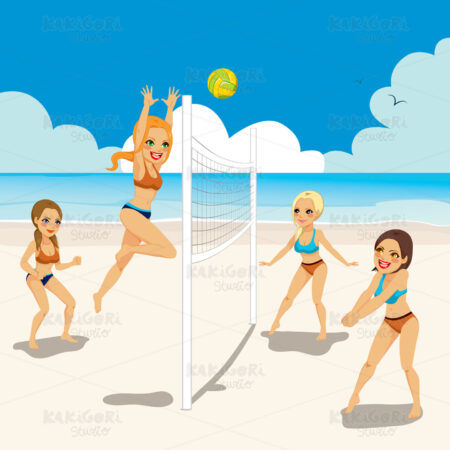 Women Playing Beach Volleyball Clipart Vector Illustration 02117
