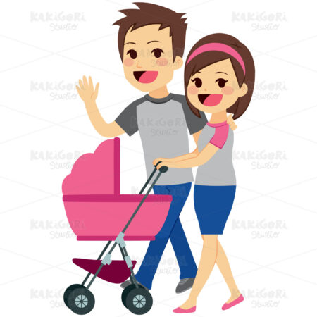 Young Couple Pushing Stroller Clipart Vector Illustration 02350
