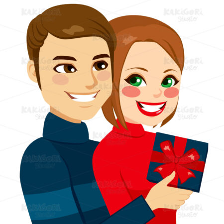 Young Couple Valentine Day Present Clipart Vector Illustration 02504