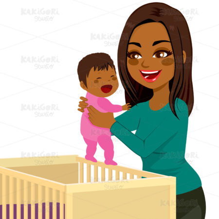 Young Mom Baby Crib Clipart Vector Illustration 02529