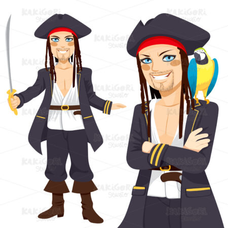 Young Pirate And Parrot Clipart Vector Illustration 01881