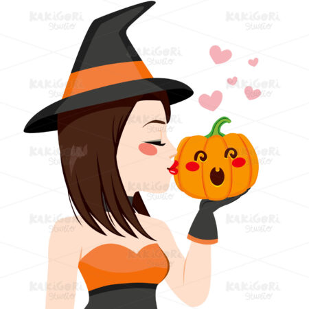 Young Witch Kissing Pumpkin Clipart Vector Illustration 02925