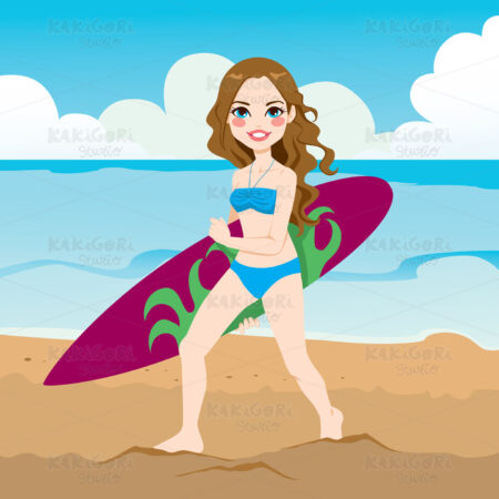 Young Woman Surfer Clipart Vector Illustration 01029