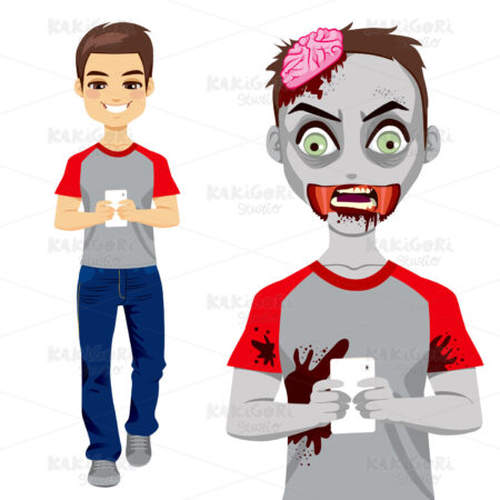 Zombie Man Texting Smartphone Clipart Vector Illustration 01130