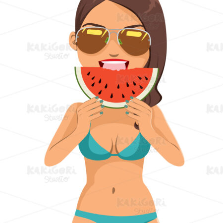 Bikini Woman Eating Watermelon Clipart Vector Illustration 05329