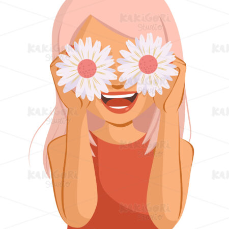 Cheerful Woman Flower Cover Eyes Clipart Vector Illustration 05339