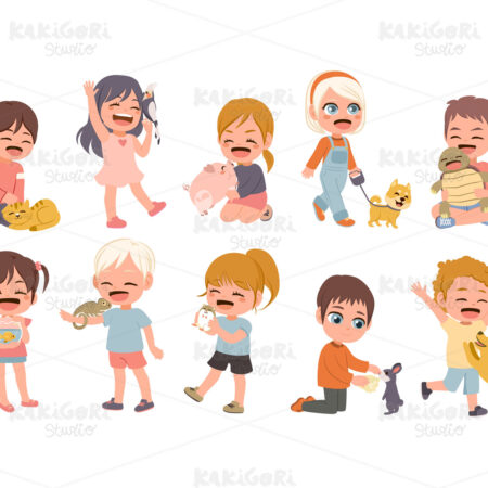 Children With Pets Set Clipart Vector Illustration 05332