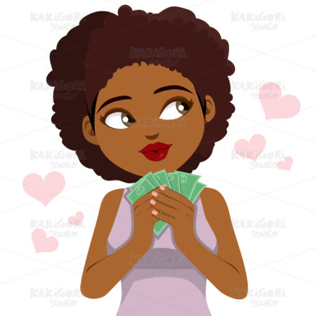 Excited Black Woman Holding Banknotes Clipart Vector Illustration 05341