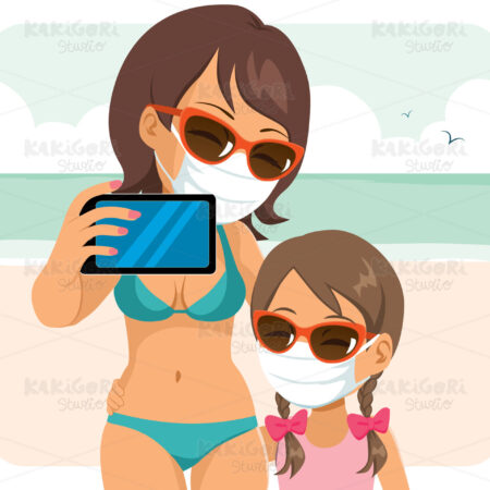 Family Selfie Wearing Masks Beach Clipart Vector Illustration 05346