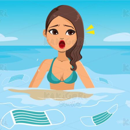 Shocked Woman Medical Mask Beach Clipart Vector Illustration 05369